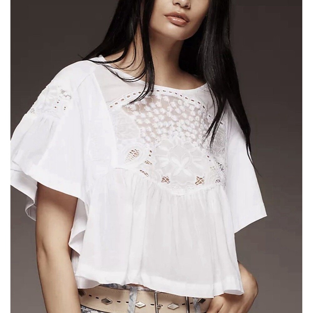 Maeve Short-Sleeve Embellished Swing Top Anthropologie Sz. XL White Boho